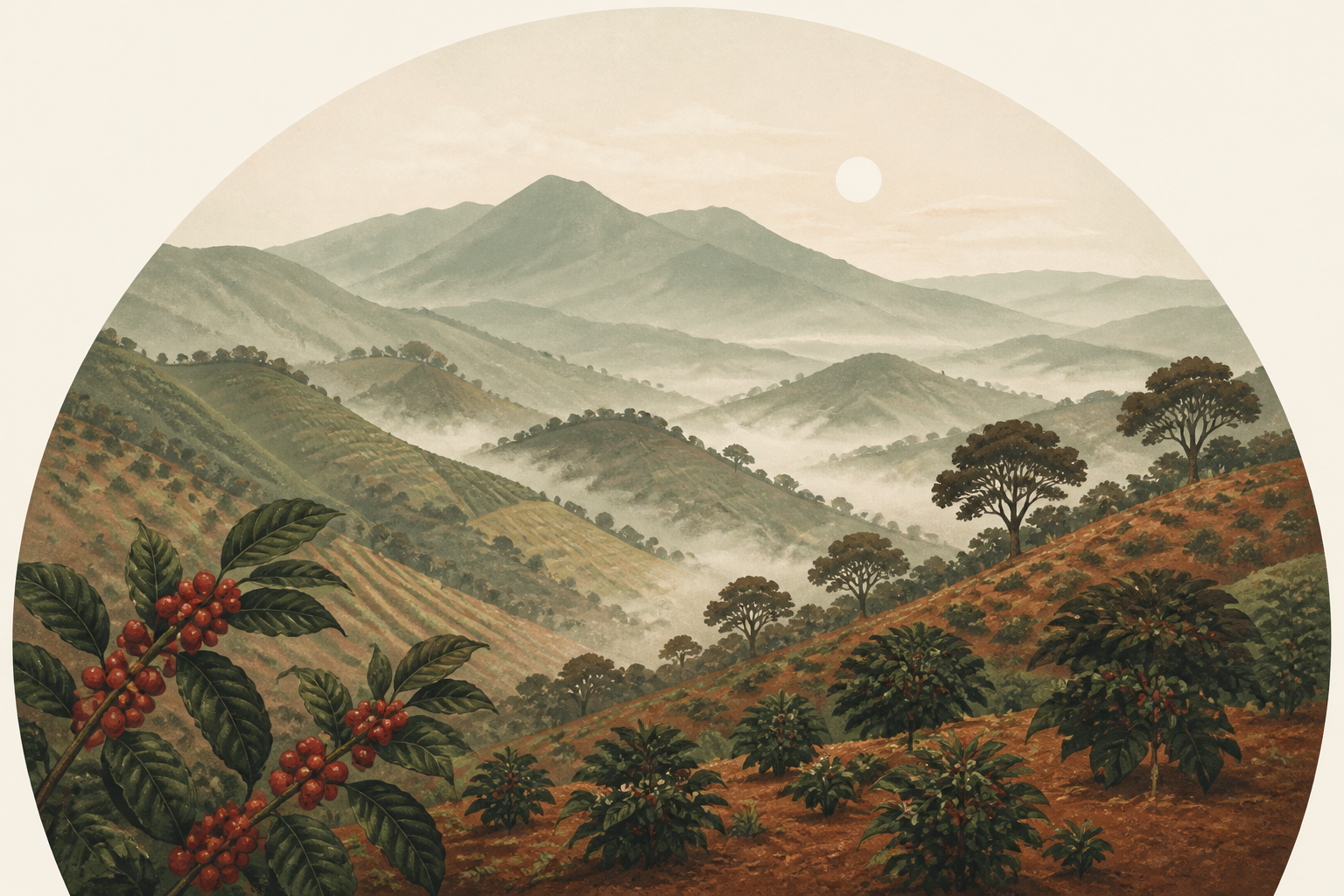 高地咖啡園的風景示意，不是某個國家的地圖