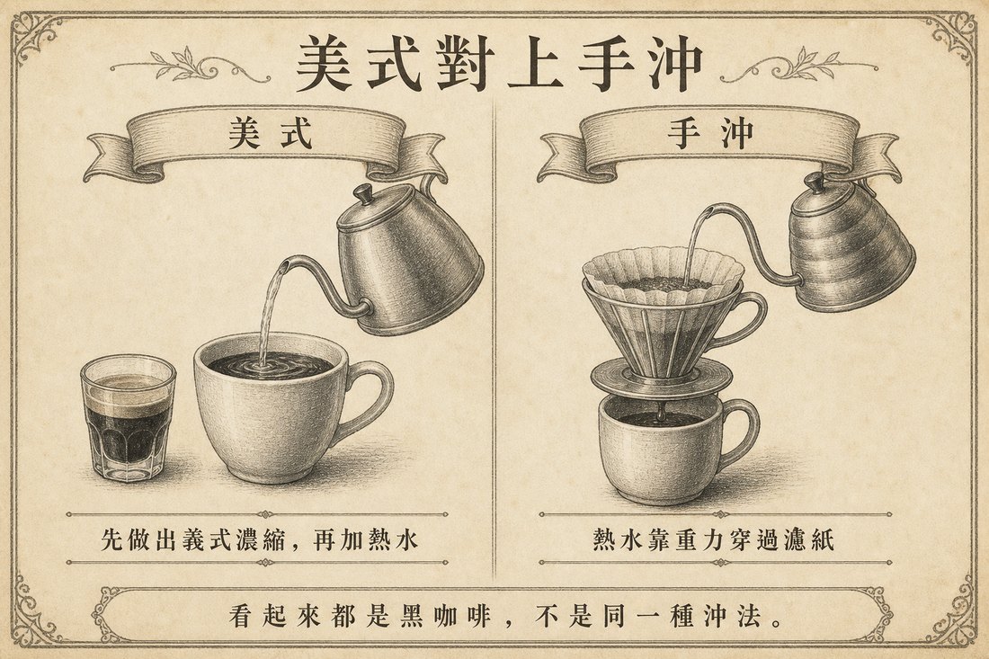 美式在義式濃縮中加入熱水，手沖則讓熱水靠重力穿過咖啡粉與濾紙