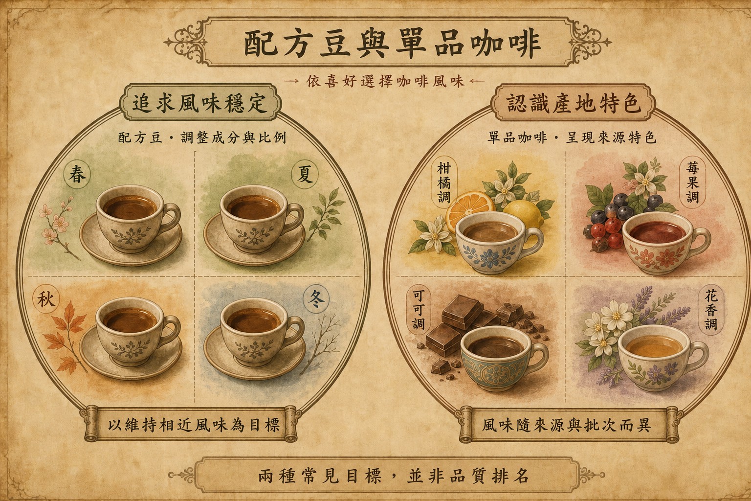 配方豆以維持相近風味為目標，單品咖啡呈現來源特色的比較