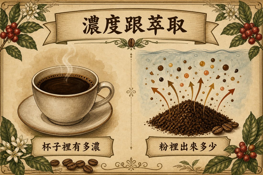 左側以咖啡液表示濃度，右側以物質從咖啡粉進入水中表示萃取