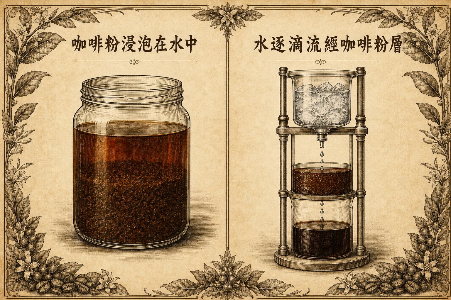 冷萃將咖啡粉浸泡在水中，冰滴則讓水逐滴流經咖啡粉層
