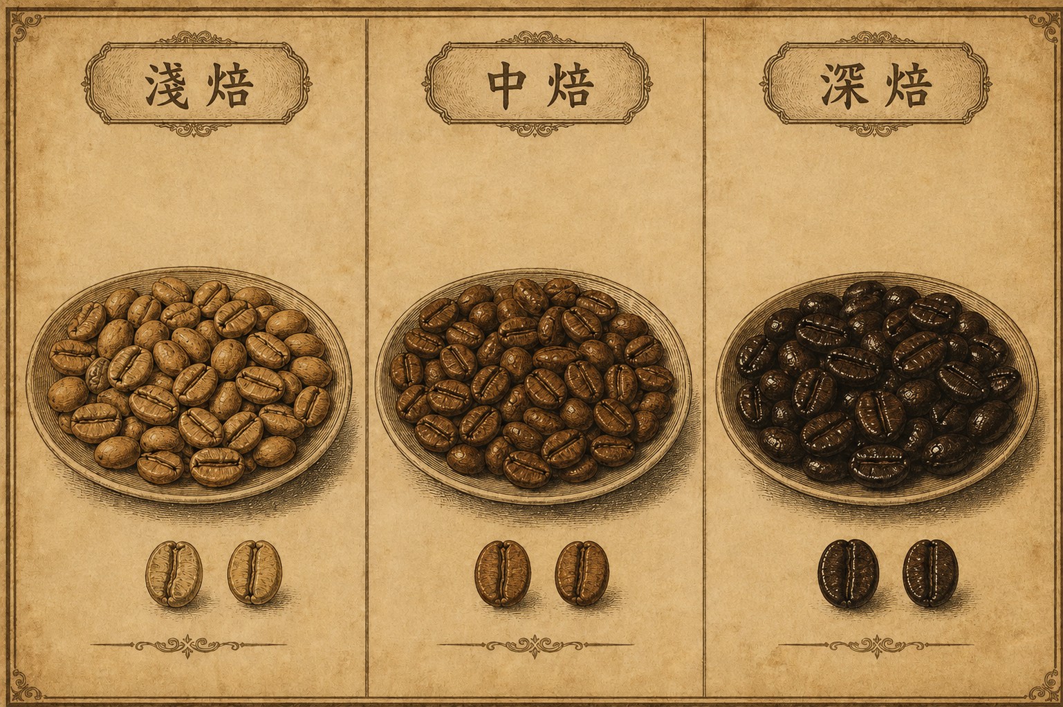 淺焙、中焙、深焙三種豆子顏色對照示意