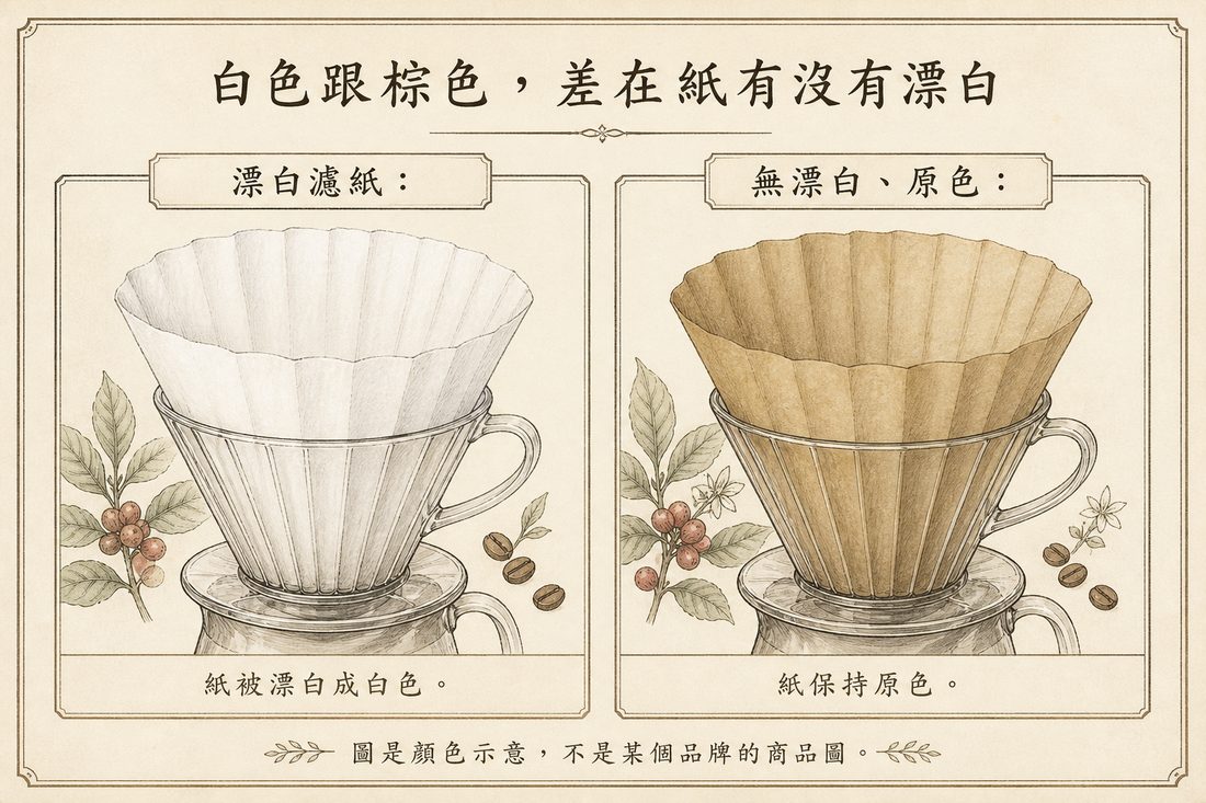 漂白的白色濾紙與未漂白的原色濾紙的顏色示意