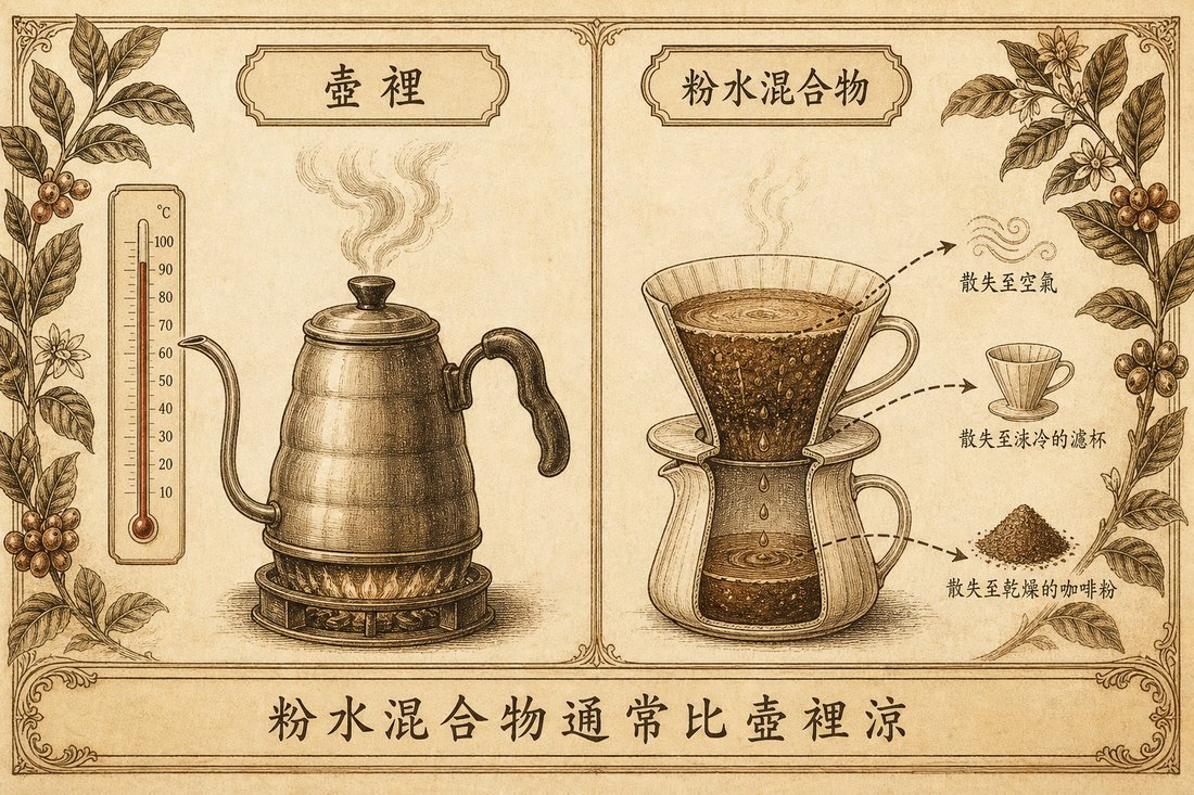 壺內水溫與濾杯內粉水混合物的溫度比較，後者較低