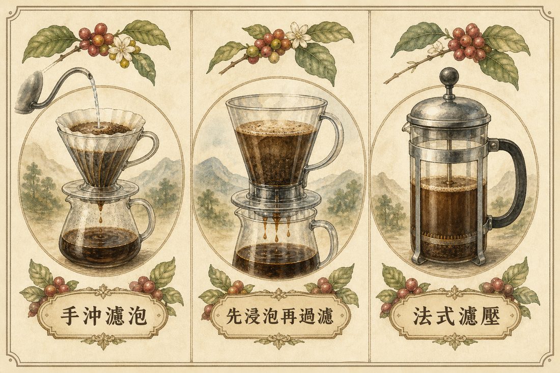 沖煮方式對照：手沖持續濾泡，聰明濾杯先浸泡再過濾，法式濾壓則使用金屬濾網