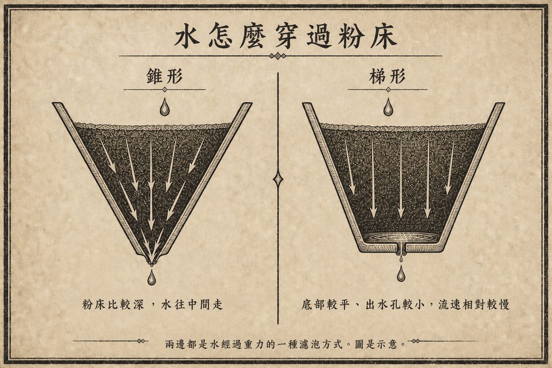 濾杯結構比較：錐形粉床較深，水流集中於中央；梯形底部較平，出水孔較小
