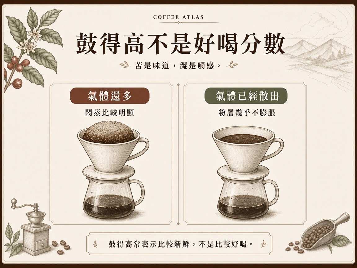 左側氣體還多時粉層鼓得高、冒泡多；右側氣體已經散出時粉層幾乎不膨脹