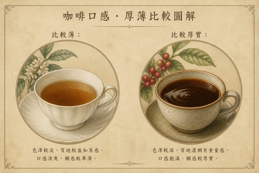 咖啡醇厚度示意：比較像茶般輕盈與較為厚實的口感