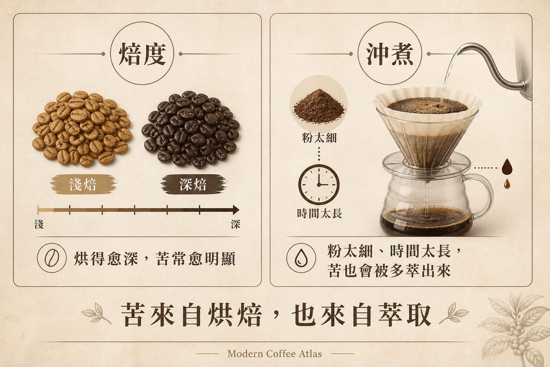烘焙與沖煮對苦味的影響：焙度加深使苦味較明顯，研磨太細或萃取時間太長也會增加苦味物質的溶出