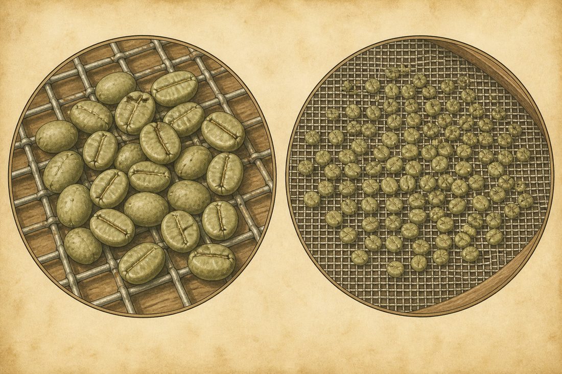 Supremo 豆粒較大、Excelso 較小，兩者代表依篩網區分的尺寸