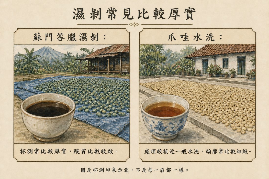 杯測印象比較：蘇門答臘濕剝咖啡常有厚實口感，爪哇水洗咖啡則較細緻