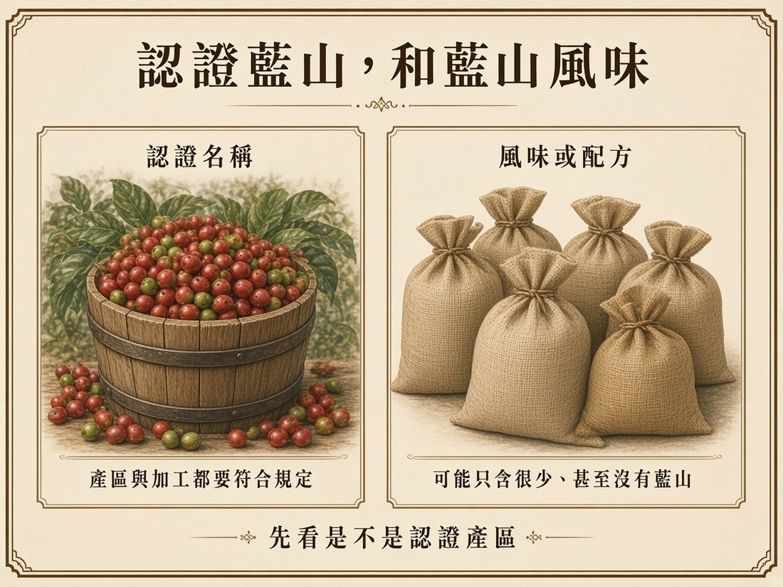 認證藍山是產區與加工都要符合規定；藍山風味或配方可能只含很少、甚至沒有藍山