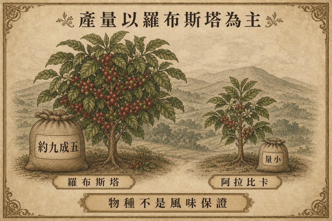 越南咖啡產量以羅布斯塔為主，阿拉比卡僅占少量產量
