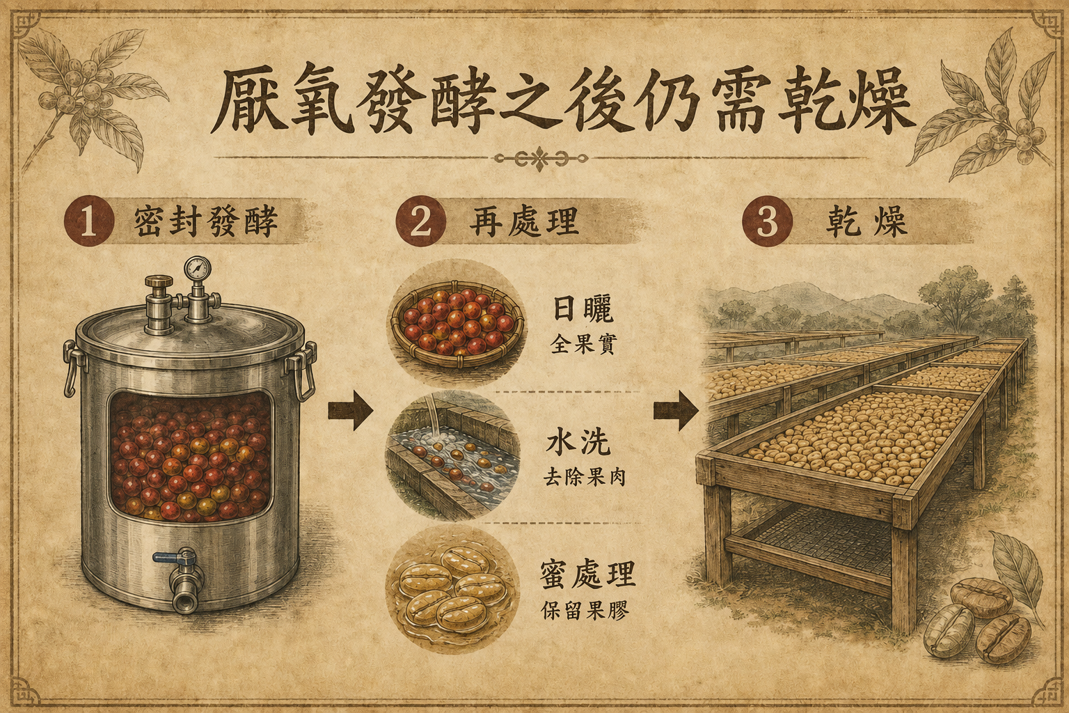 密封發酵後，搭配日曬、水洗或蜜處理完成乾燥的流程示意