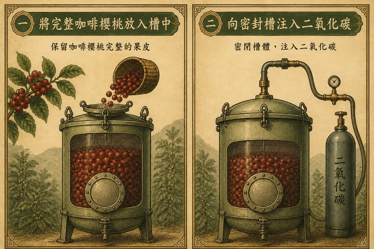 二氧化碳浸漬的兩種常見定義：整顆咖啡櫻桃放入密封槽，或額外向槽內注入二氧化碳