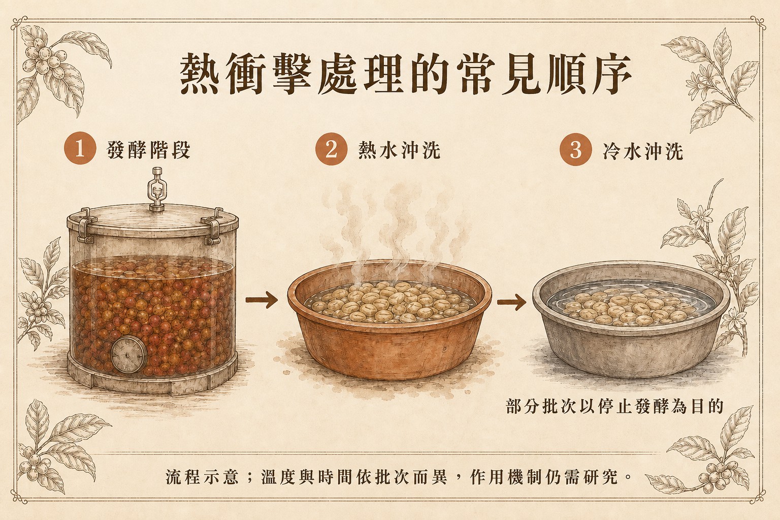 發酵階段之後，依序以熱水與冷水沖洗的流程示意