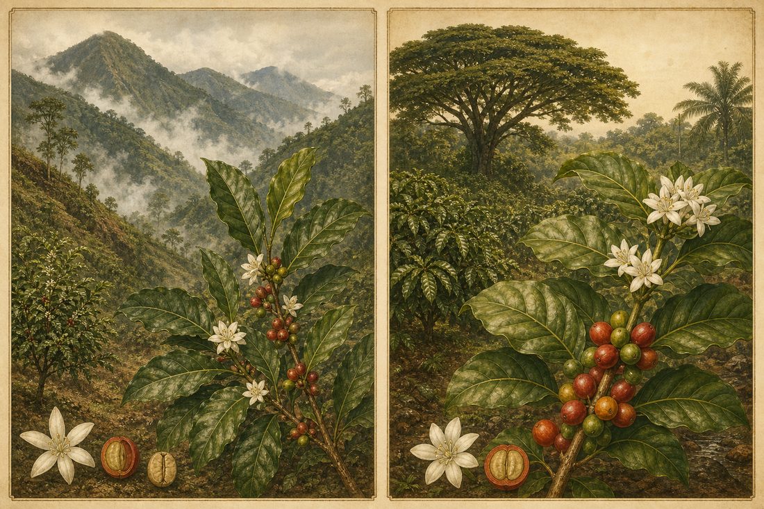 常見種植環境示意：阿拉比卡多見於較涼爽的高地，羅布斯塔則多見於較炎熱、潮濕的低地