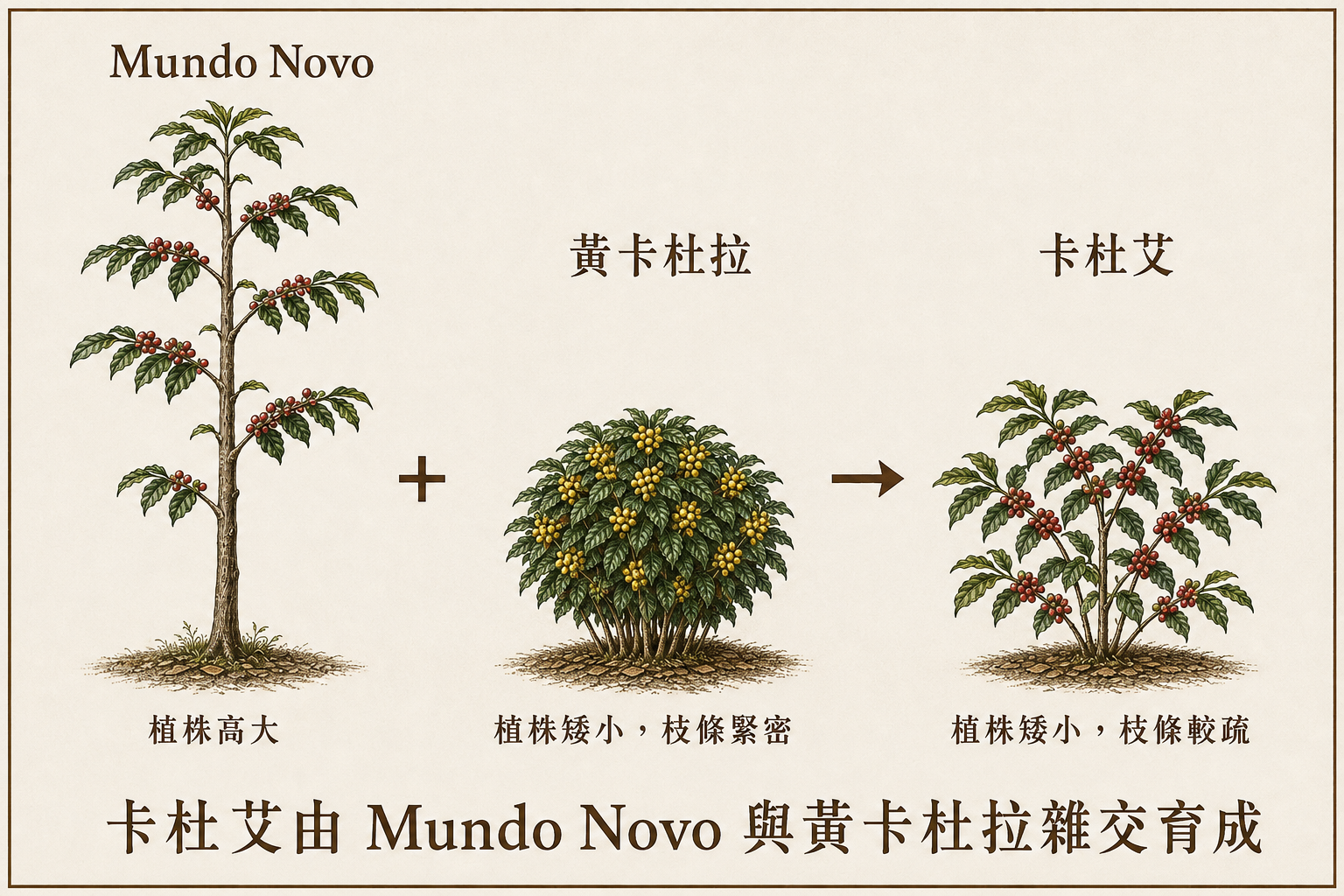 高大的 Mundo Novo 與矮生黃卡杜拉雜交育成卡杜艾的親緣示意