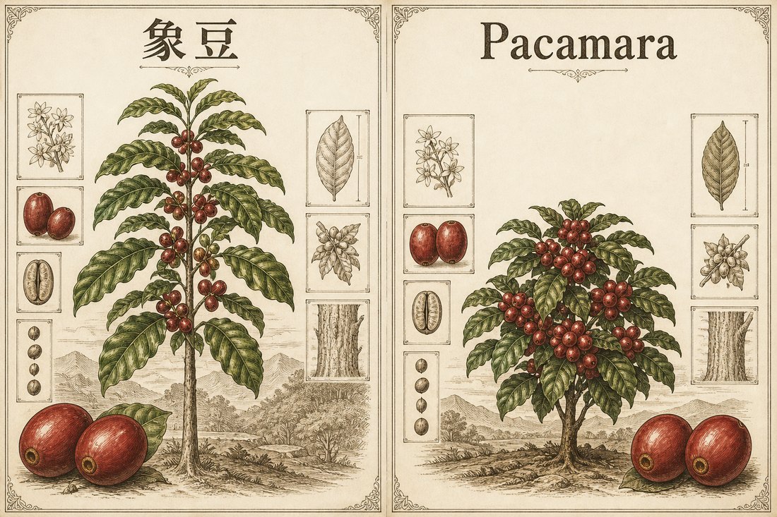 高大象豆與矮生 Pacamara 對照，兩邊豆子都很大，但不是同一品種